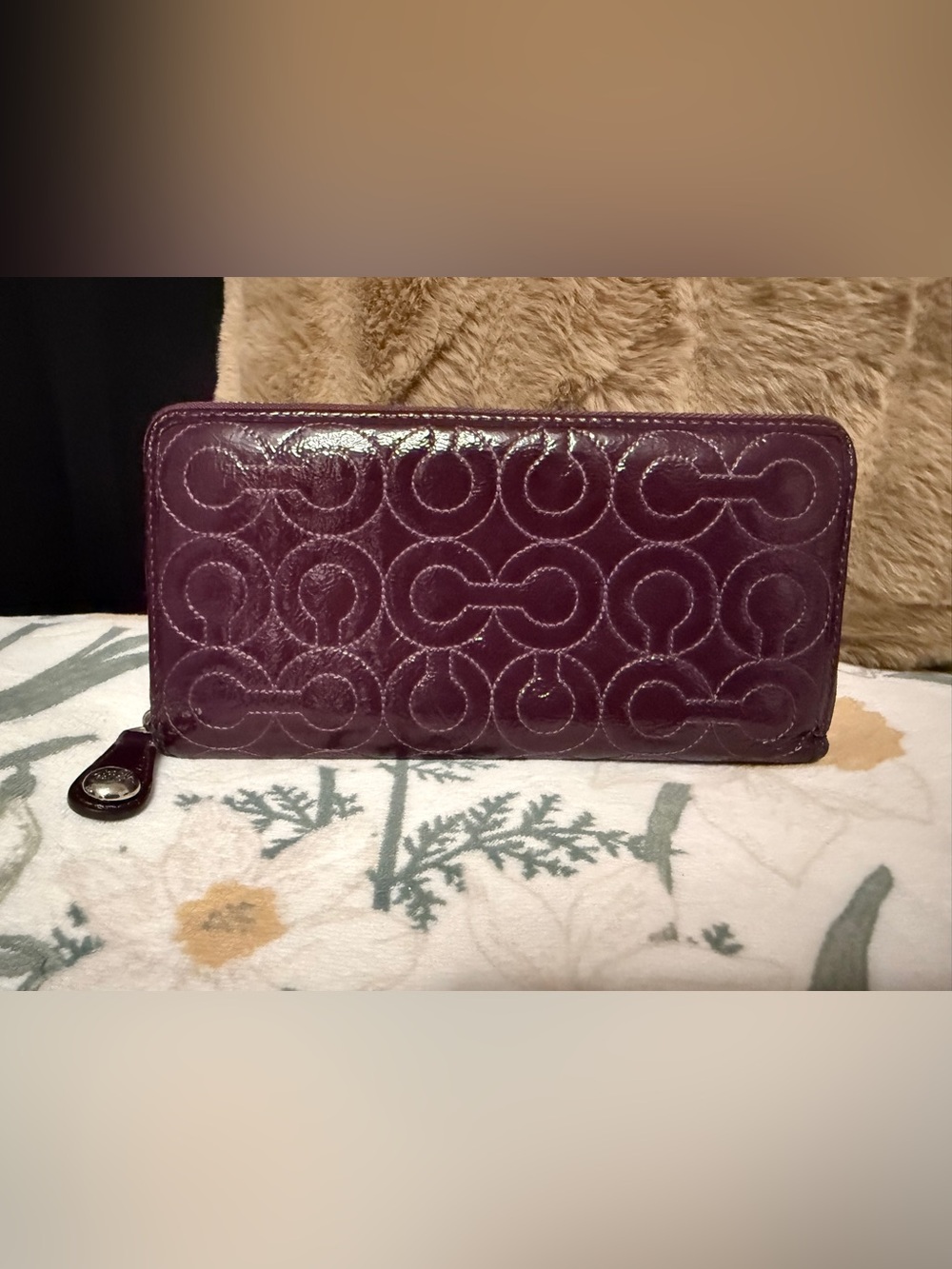Coach Plum Embossed Signature Patent Leather Accordion Zip Wallet